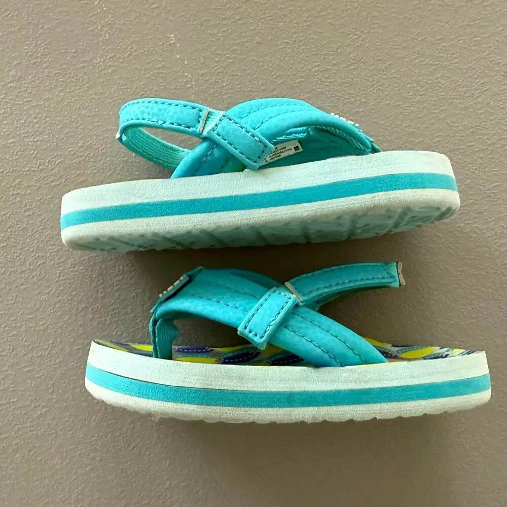 Reef Little Ahi Kids Flip Flops Size 6 Teal Fish Pattern Sandals EUC
